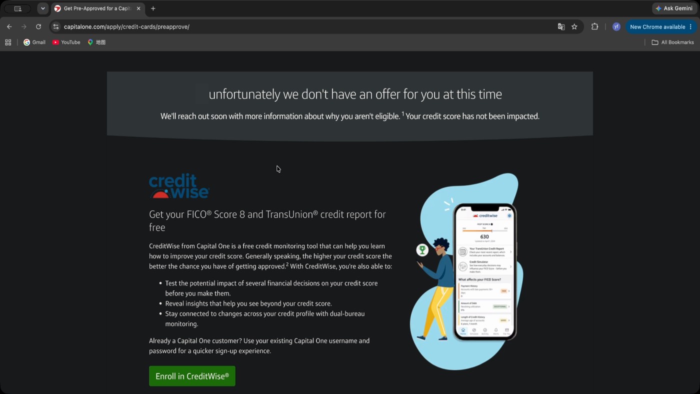 Capital One 预审批暂时没有 offer 的结果页面