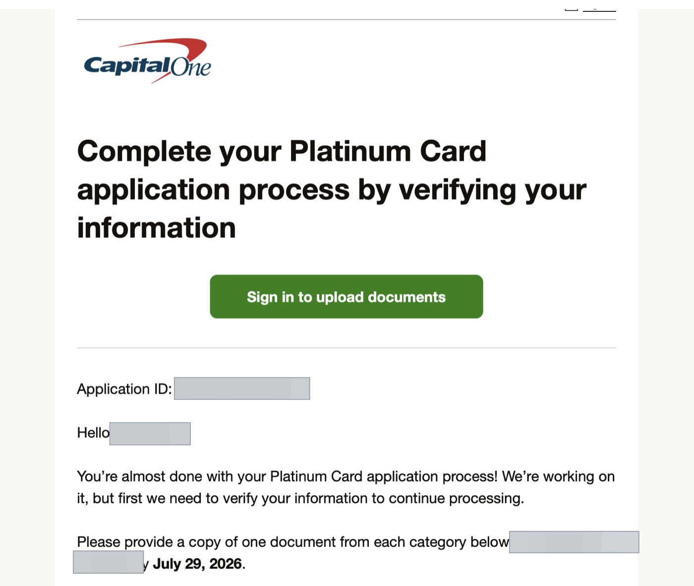 Capital One Platinum 补件通知，申请编号和姓名已脱敏