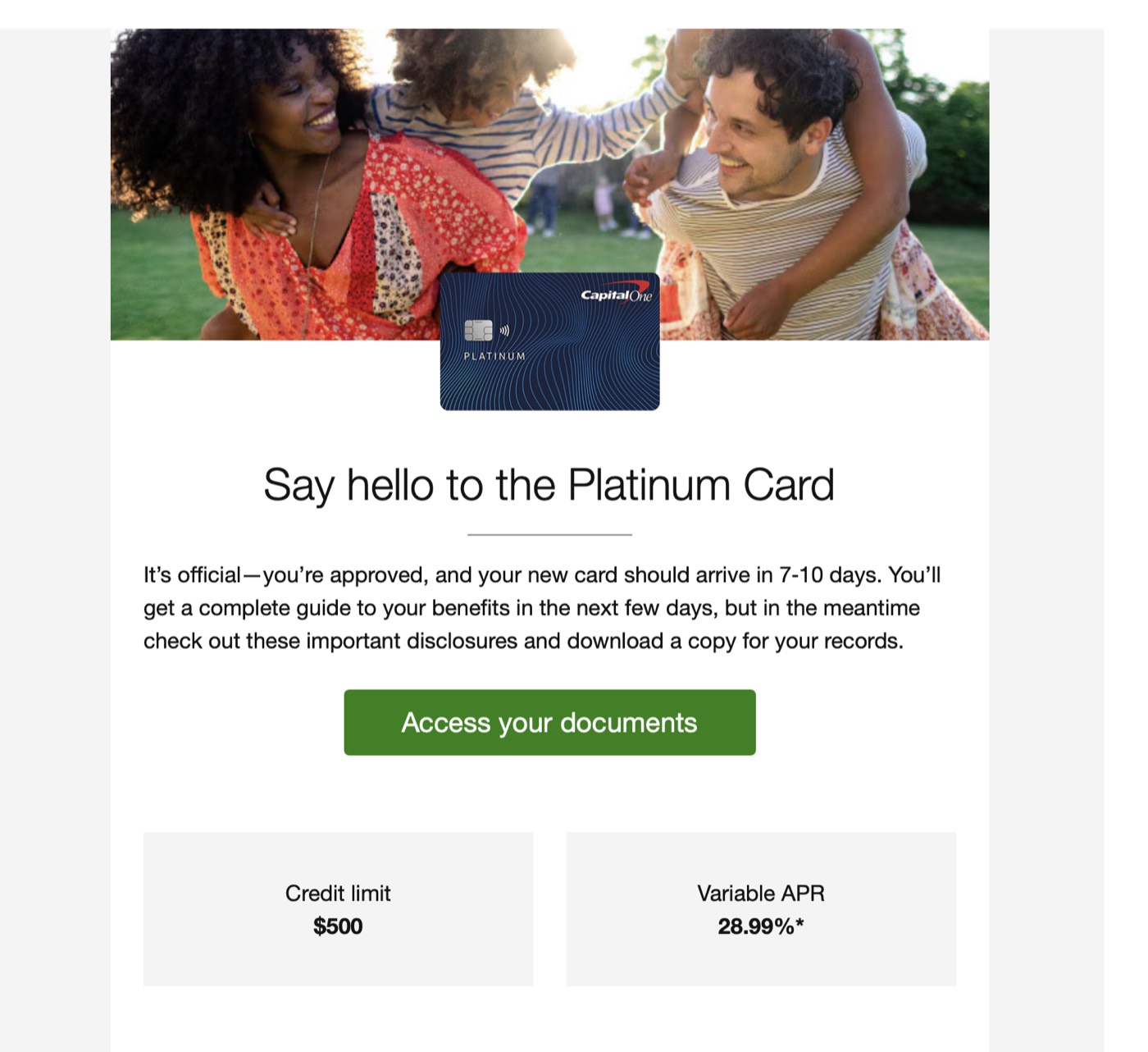 Capital One Platinum 获批页面，显示 500 美元额度和个人 APR