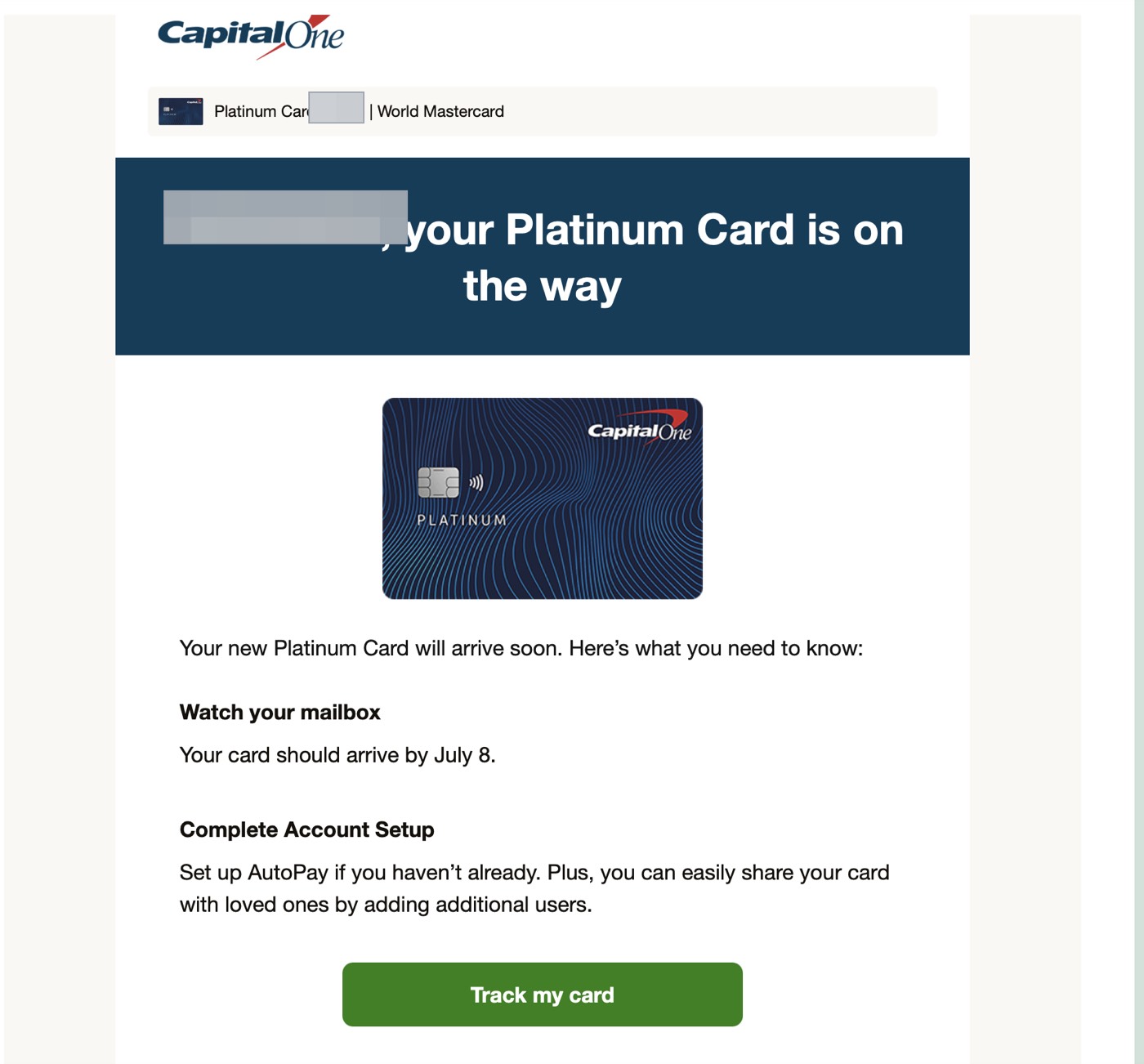 Capital One Platinum 寄卡通知，姓名和账户信息已脱敏