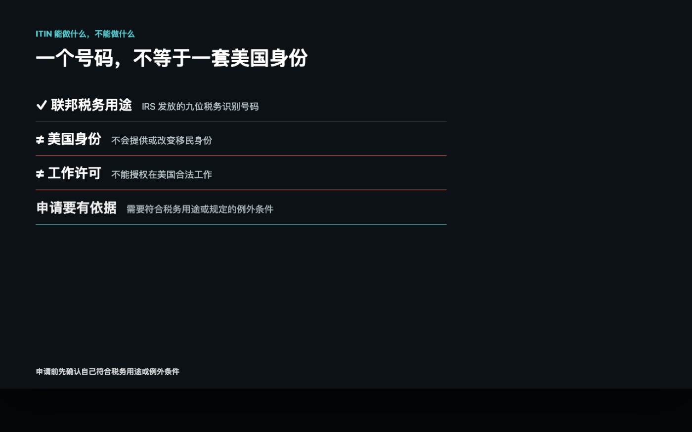 ITIN 用于联邦税务但不等于美国身份或工作许可的说明